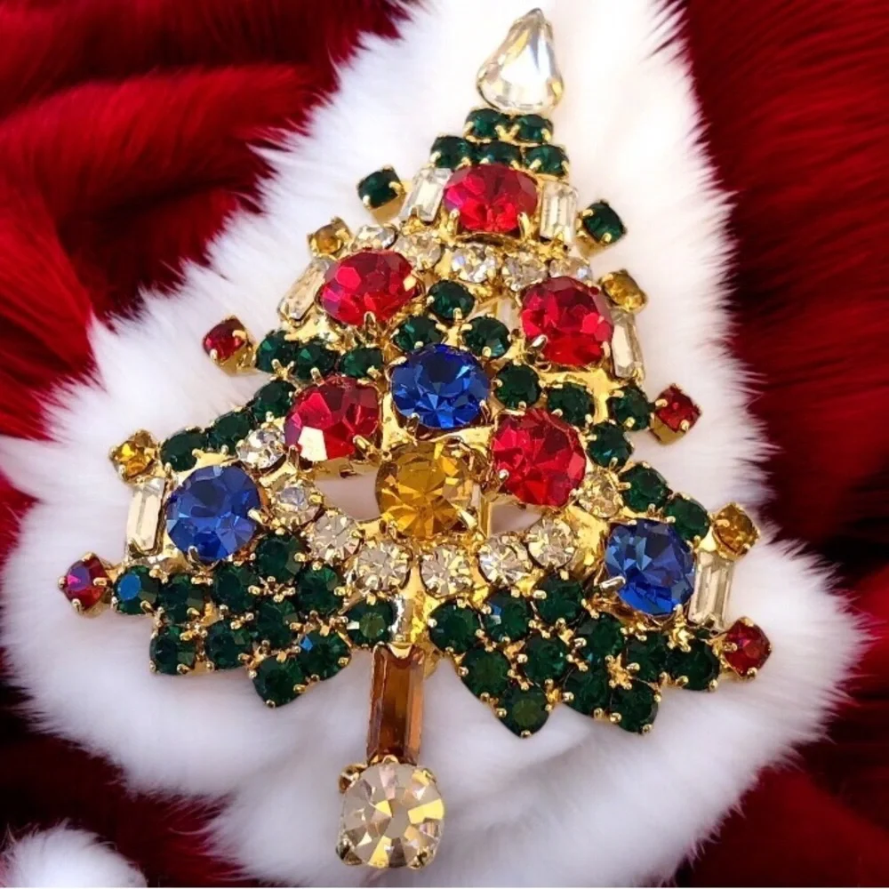 OTC Vintage Christmas Tree Brooch Pin Multi Color Rhinestones Baguettes signed
